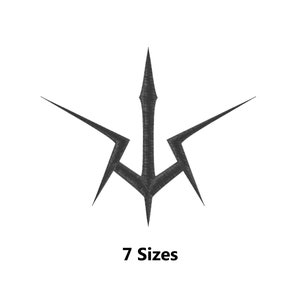 Puede incluir: Ilustración estilizada en blanco y negro de una estrella de cinco puntas con una punta afilada en la parte superior. La estrella es simétrica y tiene un diseño geométrico. El texto "7 Sizes" está debajo de la estrella.