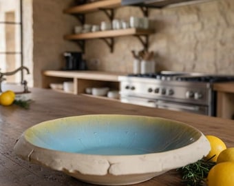 Handmade Ceramic Centerpiece Bowl: Galaxy Blue Speckled Stoneware, Rustic Raw Exterior