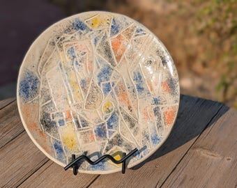 Hand-Carved Cubist Stoneware Plate: Modern Art Serving Platter
