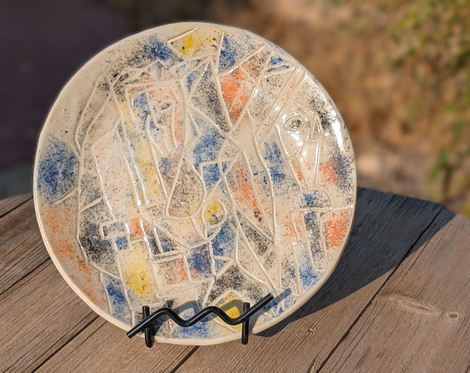 Hand-Carved Cubist Stoneware Plate: Modern Art Serving Platter