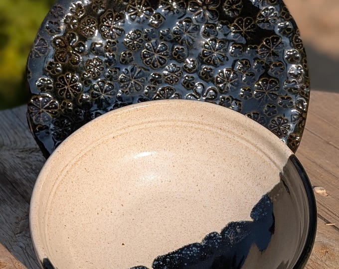Black and White Set Bowl & Plate — Minimal Wabi-Sabi, Hand-Thrown, Duality and Oneness, Food-Safe, Gift for Spiritual Seekers