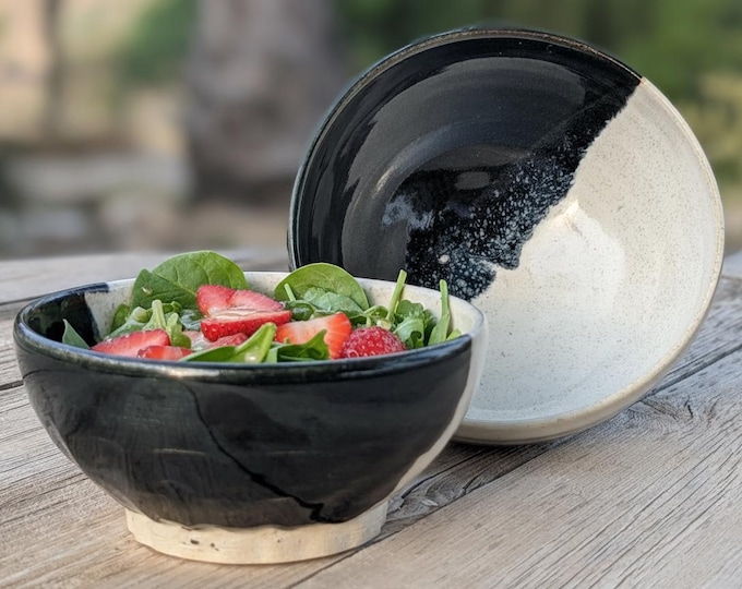 Black and White Stoneware Bowls (Set of 2) — Minimal Wabi-Sabi, Hand-Thrown Ceramic Cereal/Ramen Bowls, Duality & Oneness, Food-Safe
