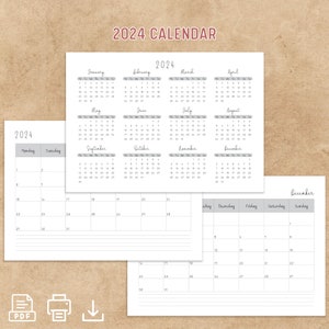Printable Minimal Calendar 2024 | Monthly Planner 2024 | A3 A4 Letter size | Printable Monthly Planner | Digital PDF file | Transparent Png