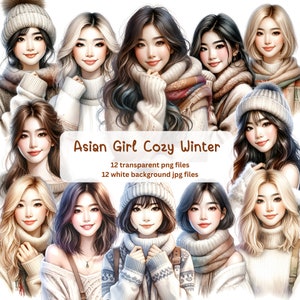 Aziatisch meisje gezellige winter aquarel clipart bundel, transparante PNG, vrouw clipart, vrouw portret, commercieel gebruik | Plakboek | Meisje clipart