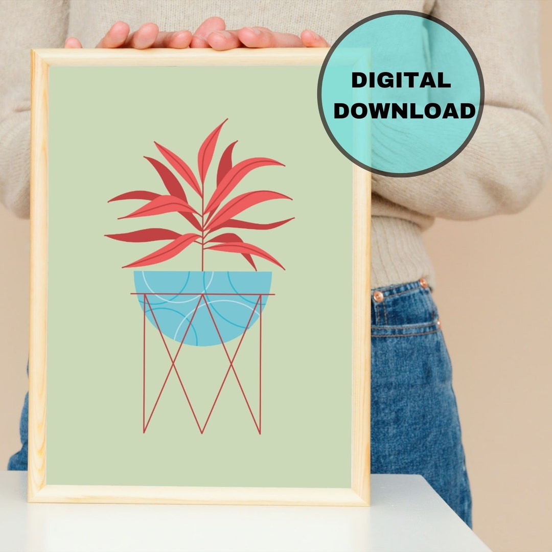 Botanical Printable Wall Art , Plant in Pot With Red Leaves , Hoseplant