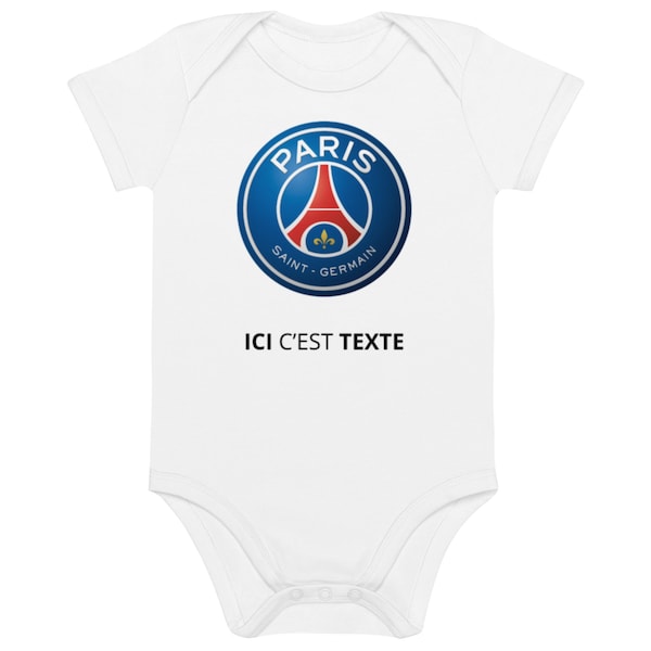 Body Bébé Personnalisable avec Logo du PSG 'ici c'est texte' | En Coton Bio | Disponible en Blanc et Organic Natural | 3 Tailles