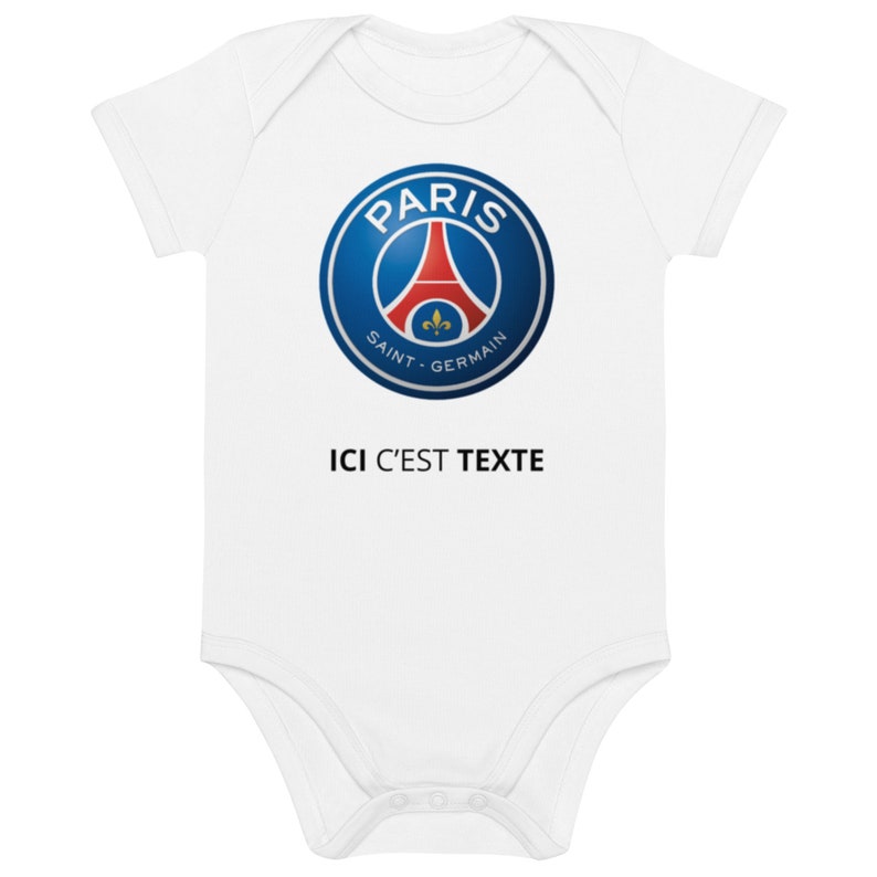 Body Bébé Personnalisable avec Logo du PSG 'ici c'est texte' | En Coton Bio | Disponible en Blanc et Organic Natural | 3 Tailles