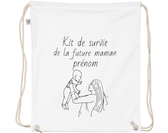 Sac à Cordon Personnalisé 'Kit de Survie de la Future Maman [Prénom]' en Coton Biologique | Disponible en Blanc