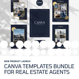 Peut inclure: Image promotionnelle d'un pack de modèles Canva pour agents immobiliers. Le design présente plusieurs modèles bleu marine avec des accents dorés et des photos immobilières. Le logo Canva est visible. Le texte comprend "Nouvel lancement de produit" et "Élevez votre marque avec cinq modèles de conception modifiables."