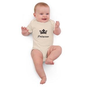 Baby Bodysuit 'Princess' with Crown | In Organic Cotton | Available in White, Black and Organic Natural | 3 Sizes