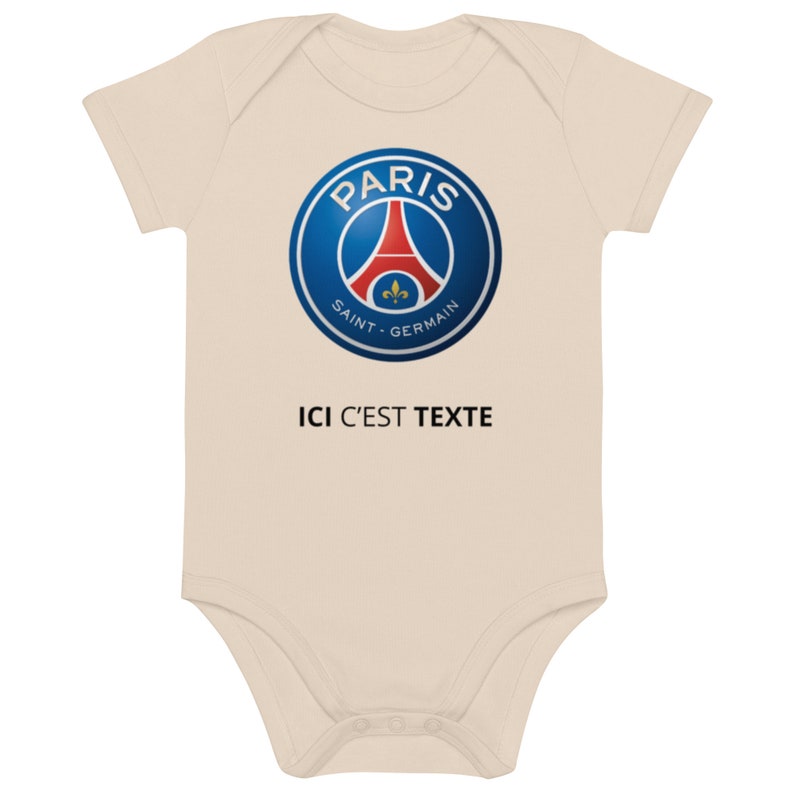 Body Bébé Personnalisable avec Logo du PSG 'ici c'est texte' | En Coton Bio | Disponible en Blanc et Organic Natural | 3 Tailles