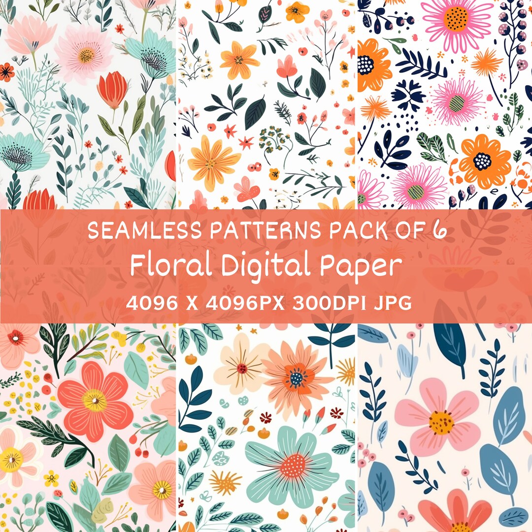 Printable Floral Digital Paper Pack Seamless Patterns set of 6 - Etsy
