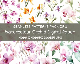 Printable Watercolour Orchid Digital Paper Pack - Seamless Patterns (Set of 8)