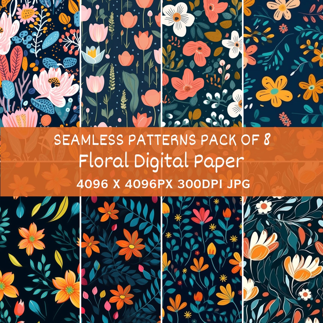 Printable Floral Digital Paper Pack Seamless Patterns set of 8 - Etsy