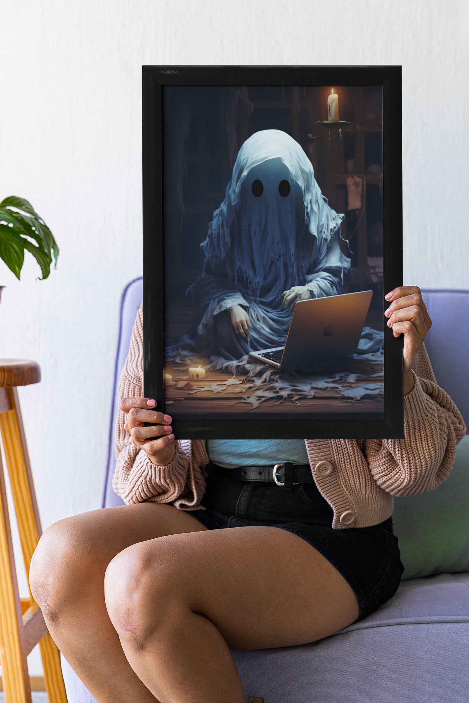 Ghost & Computer Poster, Sheeted Ghost Art Print, Little Ghostface ...
