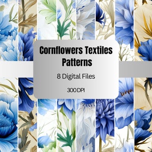 Cornflower Digital Textile Pattern, Flowers Seamless Pattern, Floral Prints, Cornflower Digital Paper, Floral Digital Paper, Set of 8