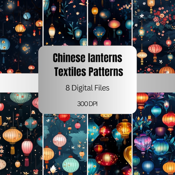 Chinese Colorful Lanterns Textile Pattern, Seamless Pattern, Chinese Lanterns Prints, Chinese Colorful Lanterns Digital Paper, Set of 8