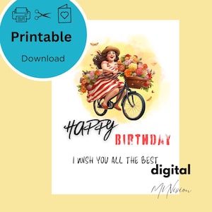 Carte de voeux d'anniversaire Une femme à vélo, carte de voeux d'anniversaire, cartes d'anniversaire numériques, cartes de voeux 5 x 7, enveloppe imprimable