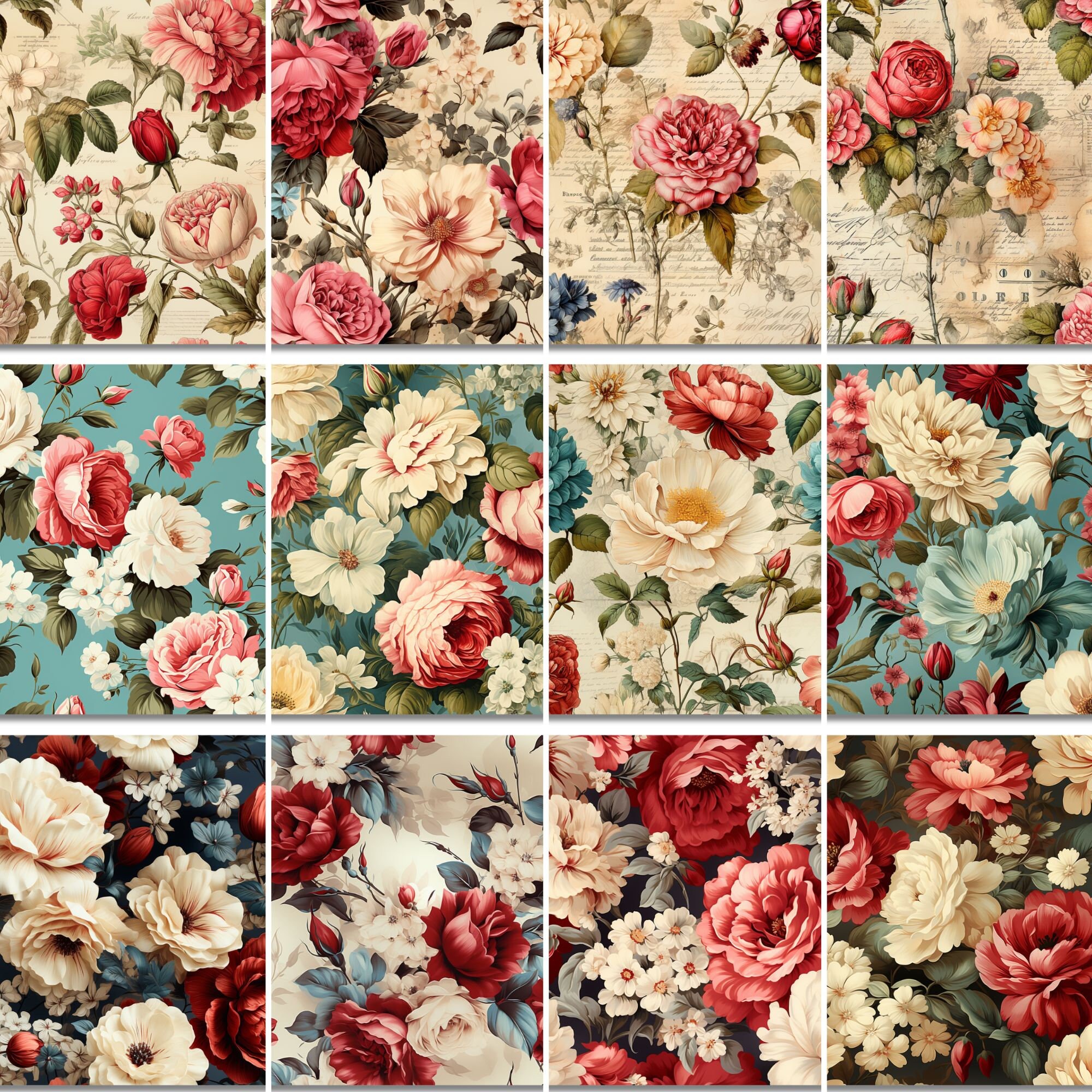 Printable Vintage Roses Digital Paper, Shabby Chic, Seamless Textured ...
