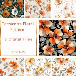 Seamless Terracotta Floral Pattern | 7 Orange Watercolor Botanical PNG | Digital Download Fabric Design