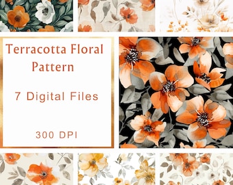 Diseño floral de terracota sin costuras / 7 imágenes PNG botánicas en acuarela naranja / Diseño de tela para descarga digital