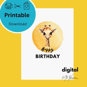 Printable Birthday Card with Giraffe, Giraffe  Birthday Card, Printable Greeting Card, Print at Home