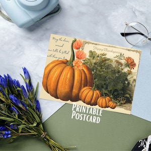 Cartão postal de Ação de Graças, cartão postal para impressão, download digital de cartão postal de Ação de Graças em PDF, cartão postal de Ação de Graças com abóboras JPG, cartão 6x4 "