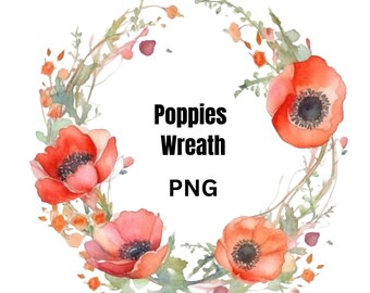 Watercolor Poppies Wreath, Wedding Invitation Clipart (Digital PNG)