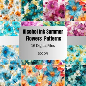 Alcohol Ink Summer Flowers Seamless Patterns, Floral Ink Digital Paper, 16 Designs, Commercial Use, Alcohol Ink Flowers Patterns
