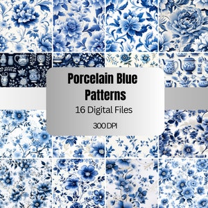 Blue and White Porcelain Seamless Patterns, Porcelain Textile Digital Paper, 16 Designs, Commercial Use, Blue Floral Patterns