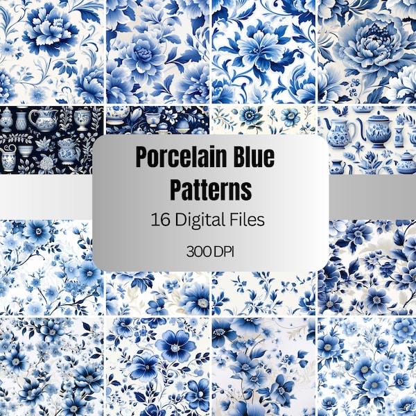 Blue and White Porcelain Seamless Patterns, Porcelain Textile Digital Paper, 16 Designs, Commercial Use, Blue Floral Patterns