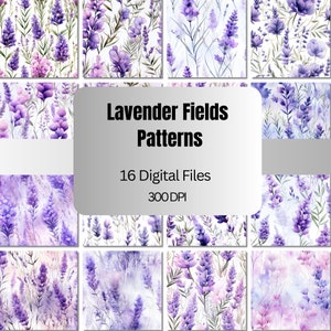 Lavender Fields Seamless Patterns, Watercolor Lavender Digital Paper, 16 Designs, Commercial Use, Lavender Flowers Patterns, Floral Paper