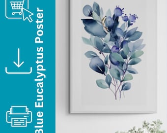Set de impresiones de acuarela de eucalipto, arte mural botánico azul (descarga digital)