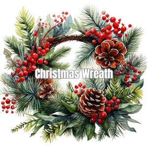 Watercolor Christmas Wreath Clipart, Pine & Berries (PNG, PDF)