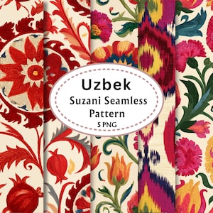 May include: A digital collection of five seamless patterns featuring floral and pomegranate motifs in red, yellow, and green on a cream background. The central oval label displays the text Uzbek Suzani Seamless Pattern 5 PNG.