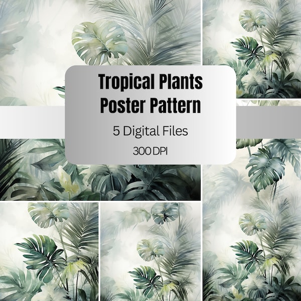 Watercolor Tropic Plants Poster, Gentle Watercolor Picture, Home Decor, Wall Art Print, Set of 5, Boho Poster