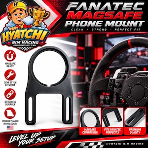 Könnte beinhalten: Eine schwarze MagSafe-Telefonhalterung für Fanatec-Sim-Racing-Lenkräder. Die Halterung verfügt über eine kreisförmige magnetische Mitte und zwei vertikale geschlitzte Montagehalterungen. Text umfasst Fanatec MagSafe Phone Mount und Hyatchi Sim Racing.