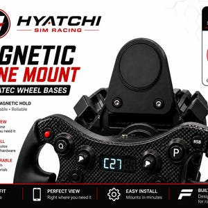 May include: A black magnetic phone mount for Fanatec wheel bases by Hyatchi Sim Racing. The mount features a circular magnetic pad, carbon fiber textured finish, and integrated buttons. Text includes Magnetic Phone Mount, Fits Magsafe & Similar Puck Style Chargers, and Fanatec Compatible.