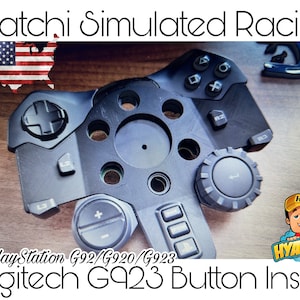 May include: A black Logitech G923 button insert for PlayStation G92/G920/G923 racing wheels. The insert features various buttons and controls, including directional pads, and labeled buttons. The image also includes the text "Hyatchi Simulated Racing".