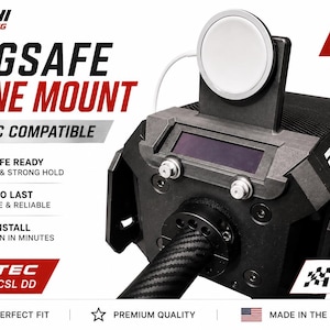 May include: A black MagSafe phone mount for Fanatec sim racing wheel bases. The mount features a circular magnetic charging pad, a dark display screen, and a carbon fiber steering column. Text includes HYATCHI SIM RACING, MAGSAFE PHONE MOUNT, FANATEC COMPATIBLE, RACE BETTER, and FANATEC DD1 / DD2 / CSL DD.
