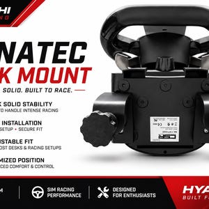 May include: A black Fanatec desk mount for sim racing equipment featuring two large adjustment knobs, a central mounting plate with a product label, and a top-mounted steering wheel base. The text reads HYATCHI SIM RACING FANATEC DESK MOUNT.
