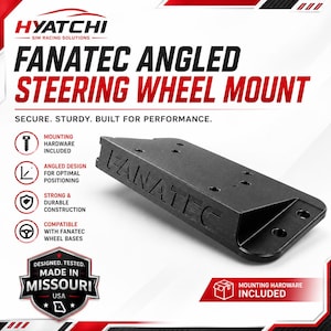 May include: A black metal angled steering wheel mount for Fanatec sim racing equipment. The mount features the embossed text FANATEC on the side, multiple pre-drilled mounting holes, and a sturdy construction. Text on the image includes HYATCHI SIM RACING SOLUTIONS, FANATEC ANGLED STEERING WHEEL MOUNT, SECURE. STURDY. BUILT FOR PERFORMANCE, and MADE IN MISSOURI USA.