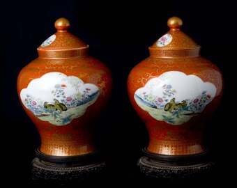 An Impressive Pair of Coral Red Gilt-Decorated and Famille Rose Jars w/Lids, decorated with panels of bird and flowers paintings)