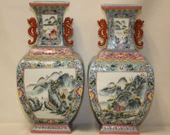 A Pair of Famille Rose Vases, Qing Dynasty, H 42cm