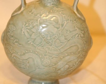 An Excellent Celadon Carved Dragon Moon Flask