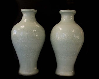 A Massive Pair of Celadon vases, 19th century. One has a dent, Mark on the base. H 46in. (117cm)