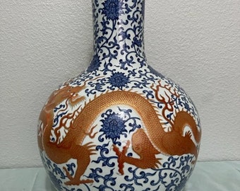 Chinese Antique Blue & White Copper Red Porcelain Vase