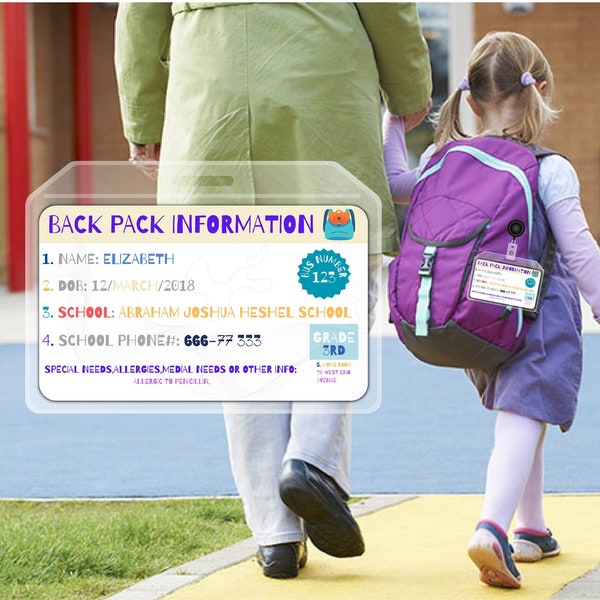 Child Identification Card Backpack Tag - Allergy Tag - Child Safety School ID Card for Back to School digital template in canvas
