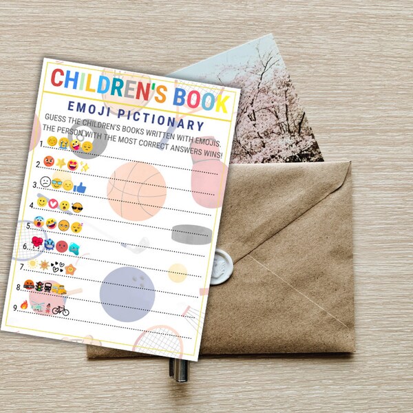 Editable Children's Book Emoji Pictionary Game template, Baby Shower Emoji Pictionary Game, Kids Emoji Game digital in canva