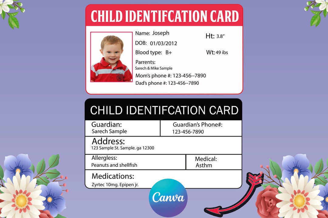 Child Identification Card Edit With Canva Child Id Card Etsy